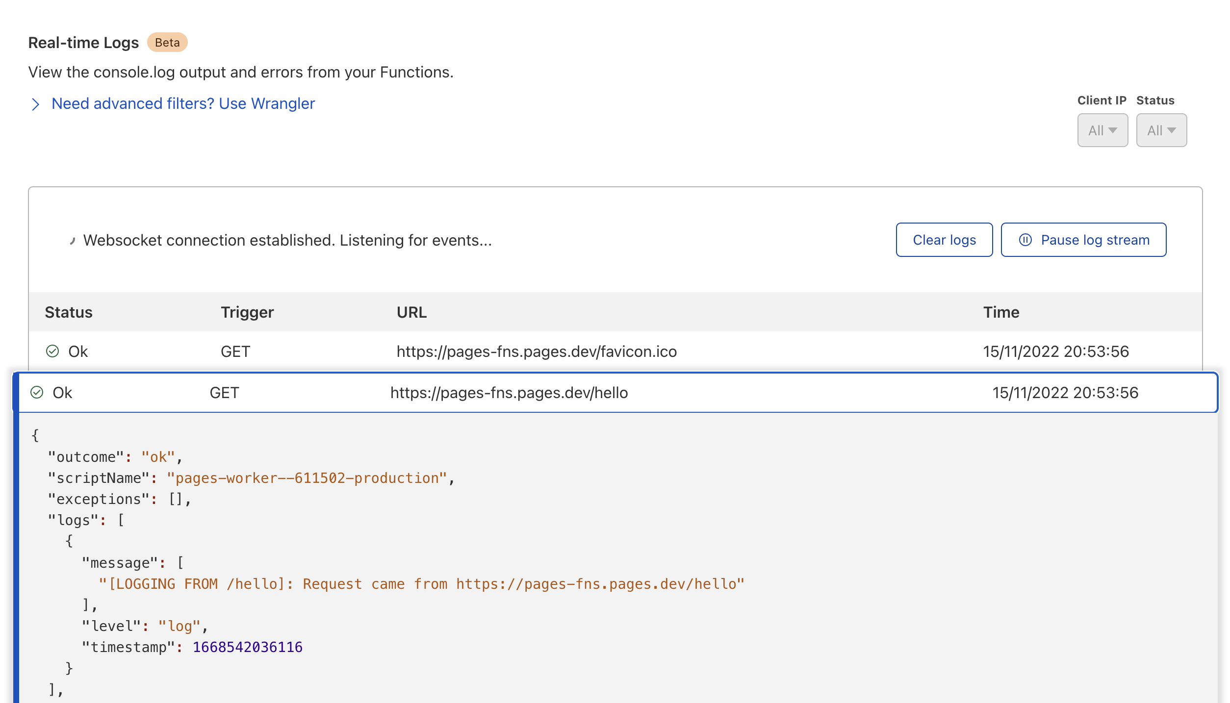 Image of custom logs in wrangler